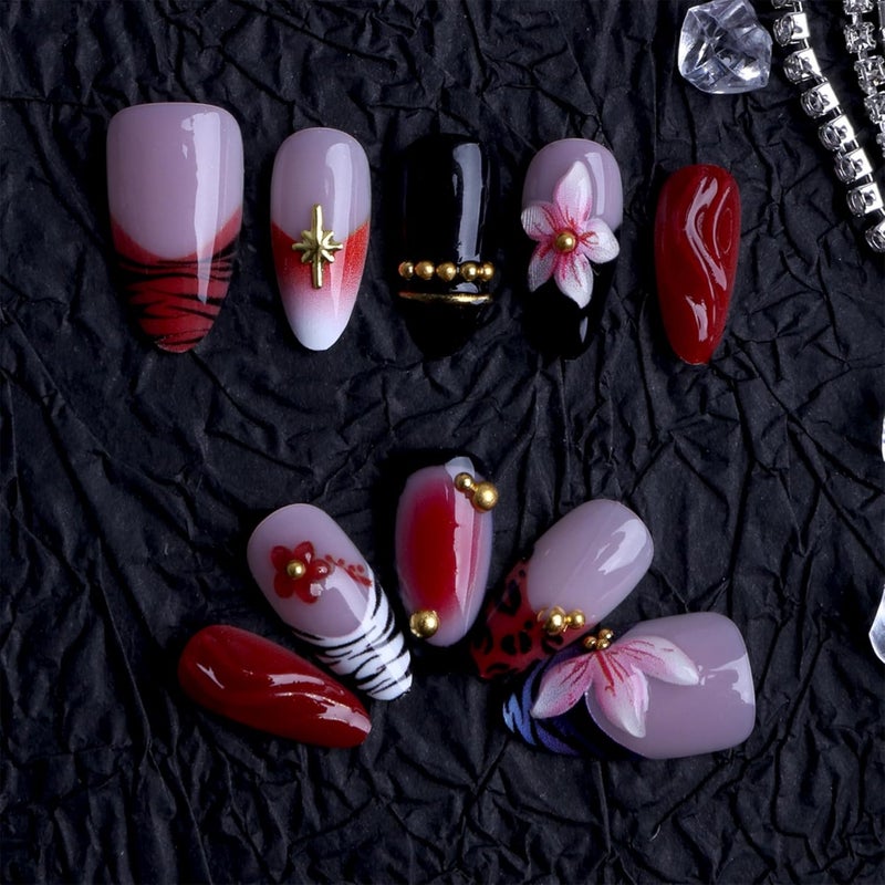 SEENEEY Almond Press on Nails Long Fake Nails Red Artificial Nail Black French Pink Floral and Gold Charm Designs Cute Stick on Nail for Women 24pcs - Image 4